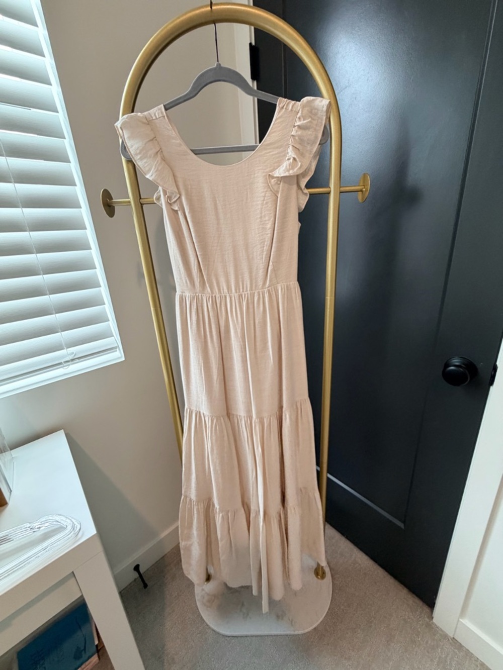 Express Cream Ruffle Sleeve Tiered Maxi Dress with tie back